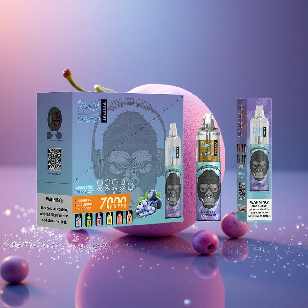 RandM Fumot Tornado 7000 Puffs Mėlynųjų Uogų Kramtomosios Gumos Tinklelinė Ritė RGB Šviesa