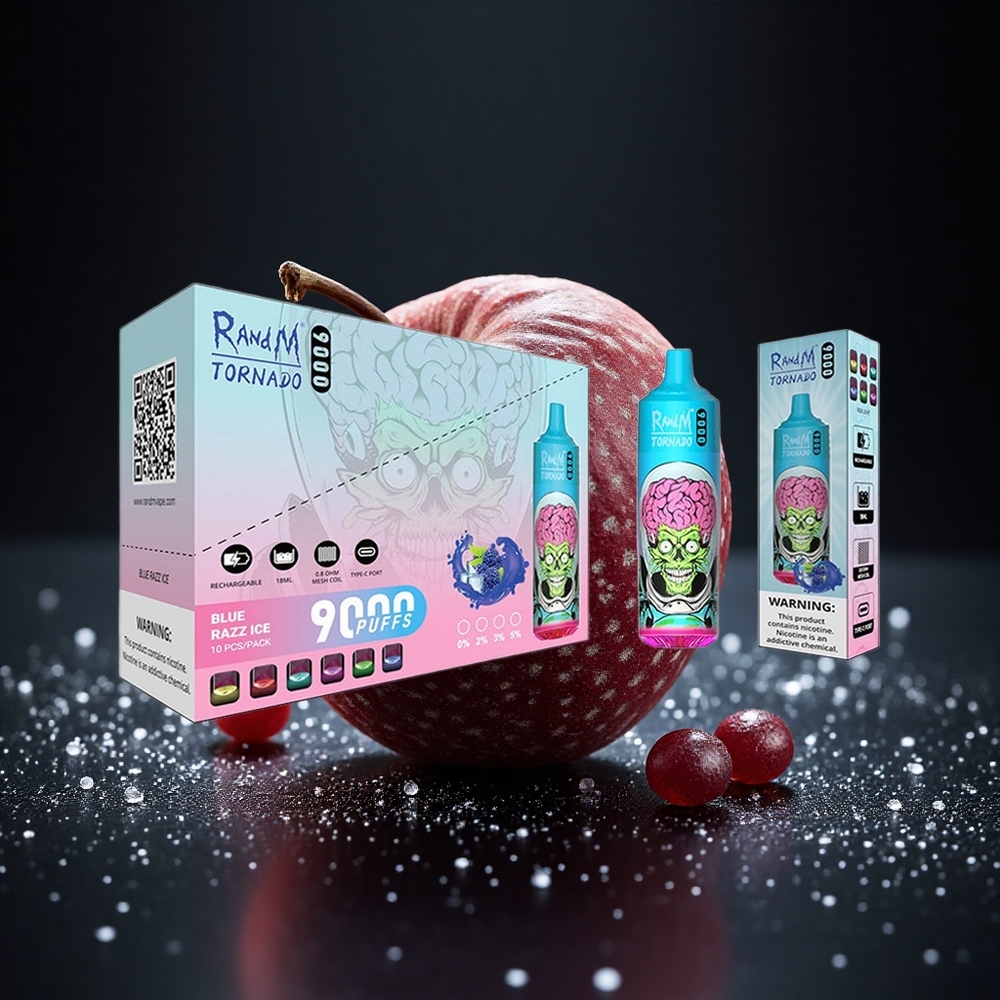 RandM Fumot Tornado 9000 Puffs Juodasis Drakonas Ledas su Tinklelinė Apvija ir 54 Skoniai