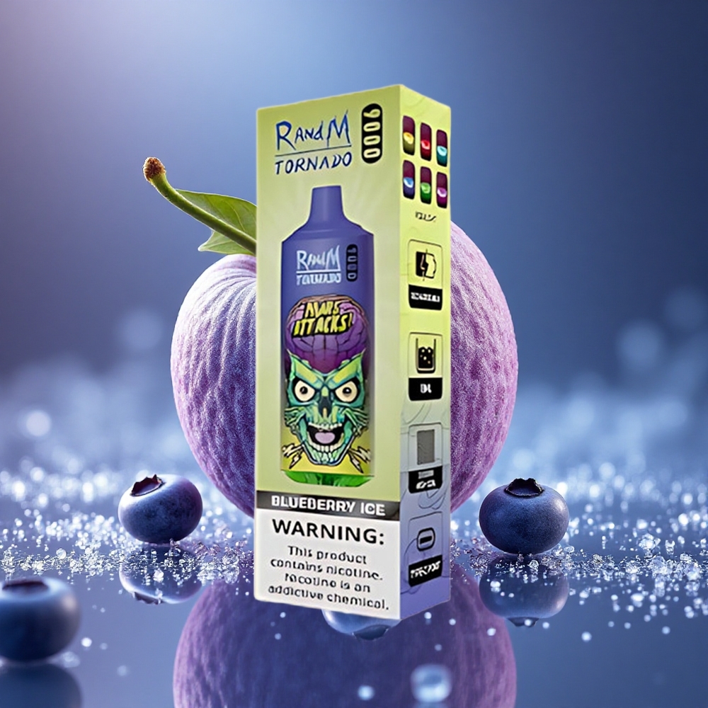 RandM Fumot Tornado 9000 Puffs Mėlynųjų Uogų Ledas su Tinklelinė Apvija ir RGB Ekranu