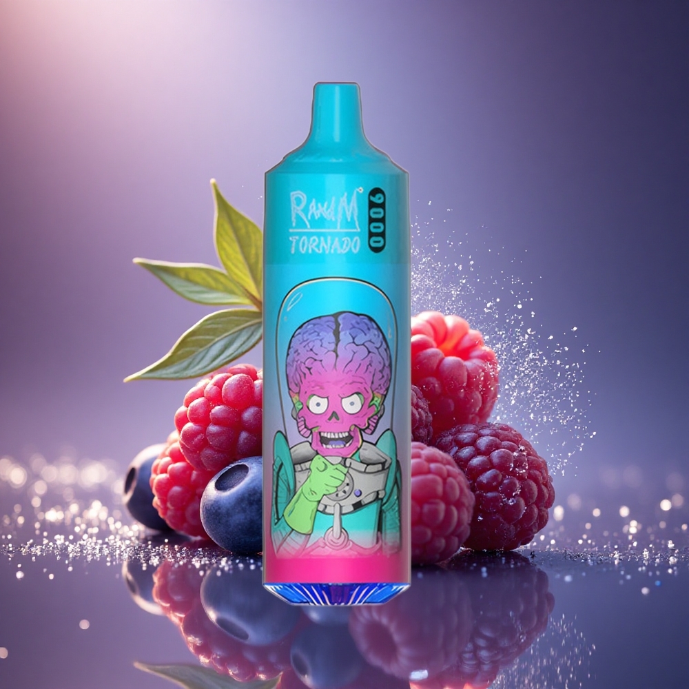 RandM Fumot Tornado 9000 Puffs Mėlynės Avietės Tinklelinė Ritė RGB Ekranas