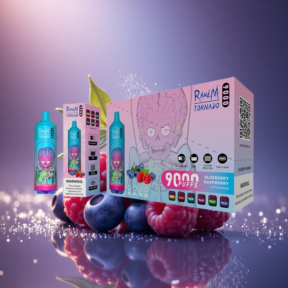 RandM Fumot Tornado 9000 Puffs Mėlynės Avietės Tinklelinė Ritė RGB Ekranas