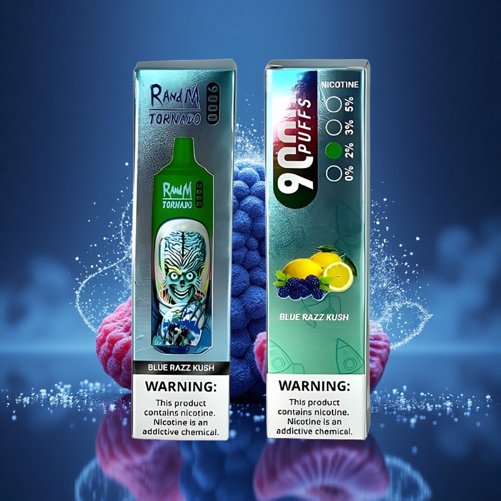 RandM Fumot Tornado 9000 Puffs Mėlynasis Razz Kush su Tinklelinė Apvija ir 54 Skoniai