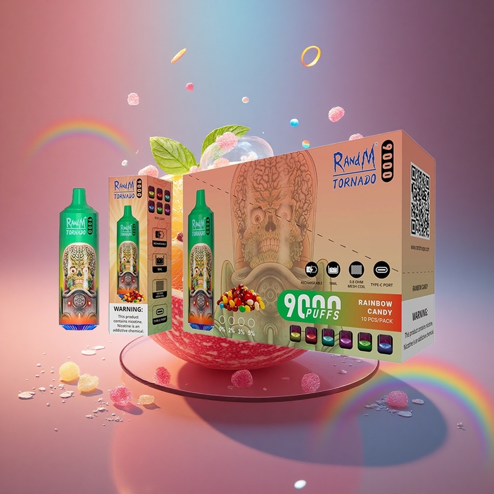 RandM Fumot Tornado 9000 Puffs Vaivorykštės Saldainiai 850 mAh Tinklelinė Ritė RGB Ekranas