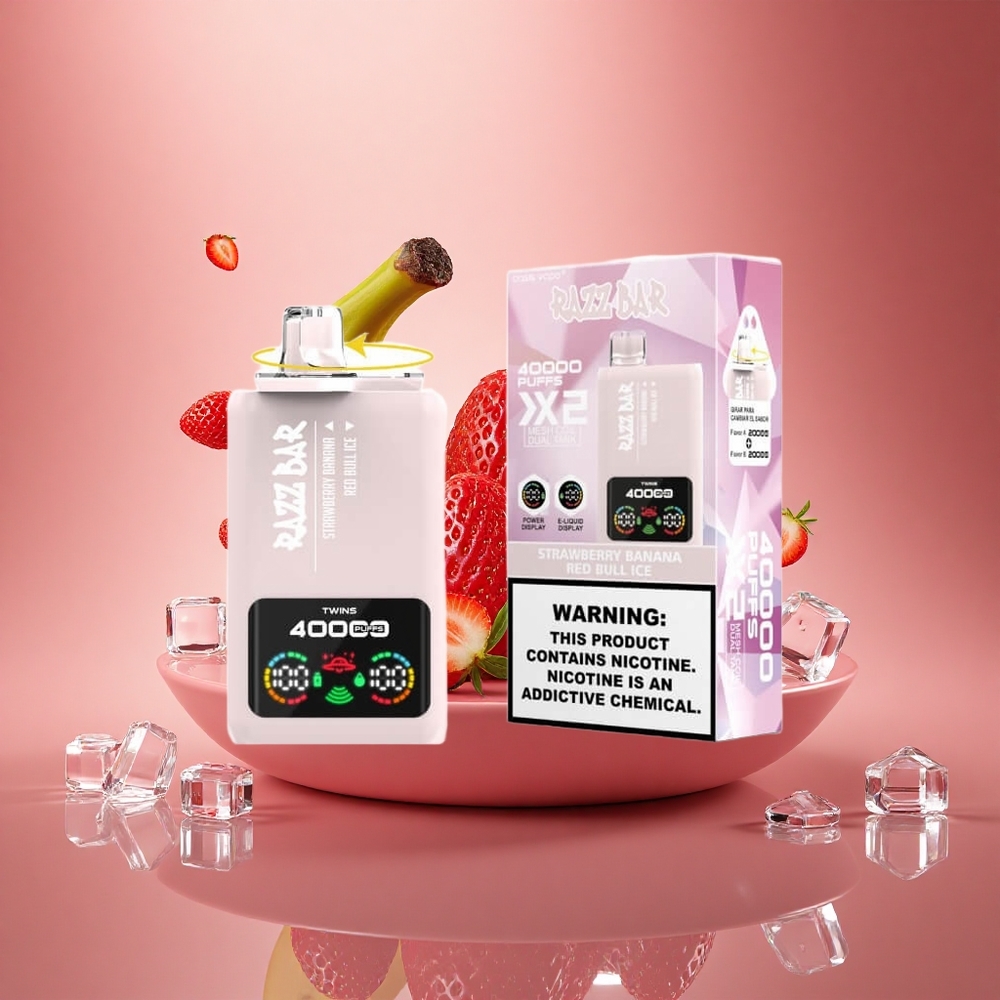 Razz Bar 40000 Puffs Braškinis Bananinis - Raudonasis Jautis Ledas su Ekranu ir Tinklo Apvija