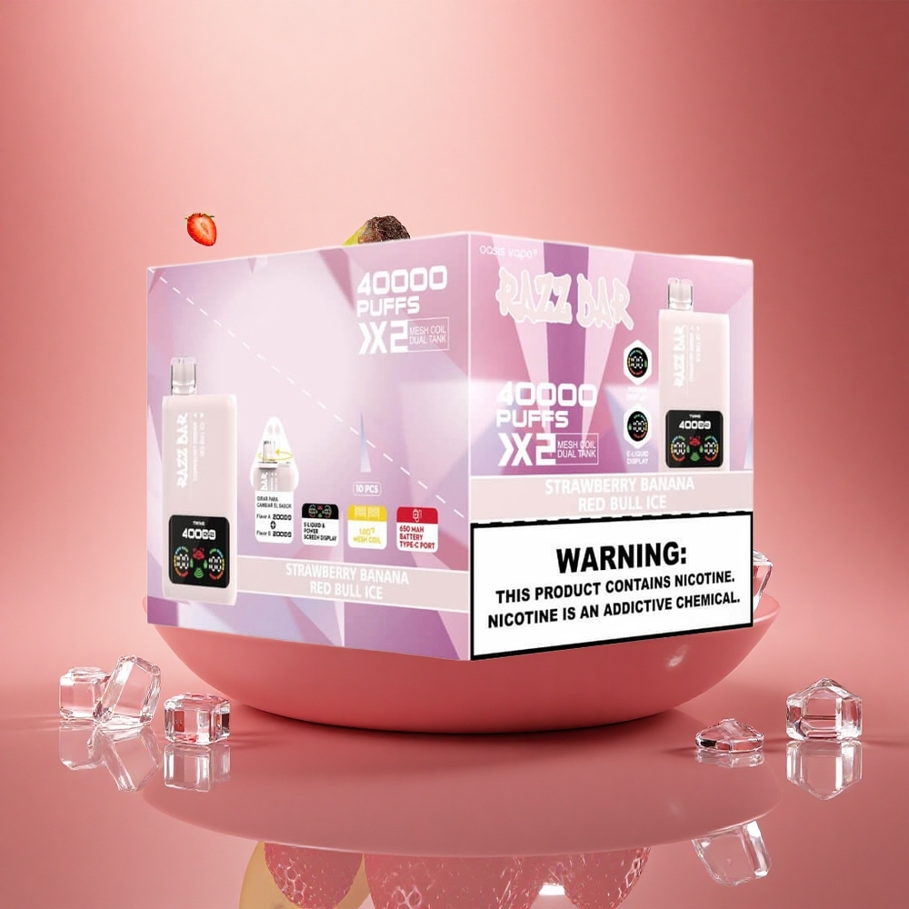 Razz Bar 40000 Puffs Braškinis Bananinis - Raudonasis Jautis Ledas su Ekranu ir Tinklo Apvija