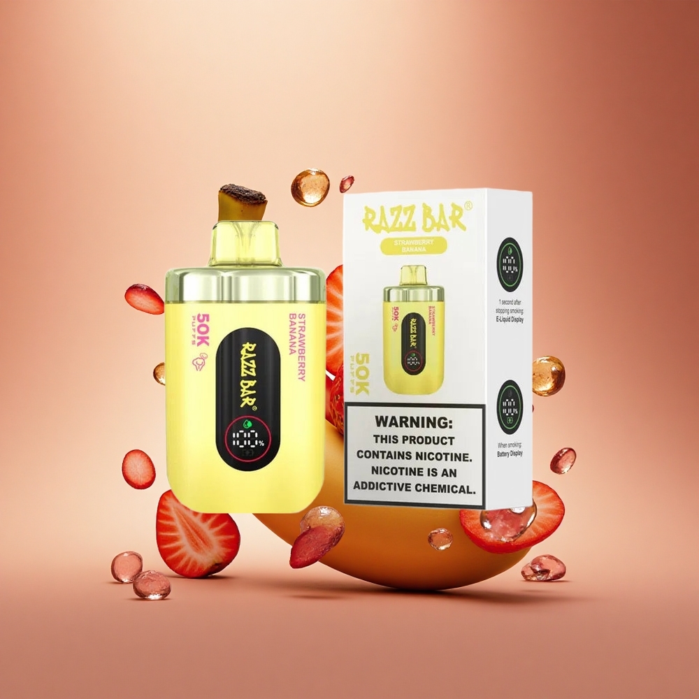 Razz Bar 50K Puffs Braškinis Bananas su 1.0 Ohm Tinklelio Apvija ir 650 mAh Baterija