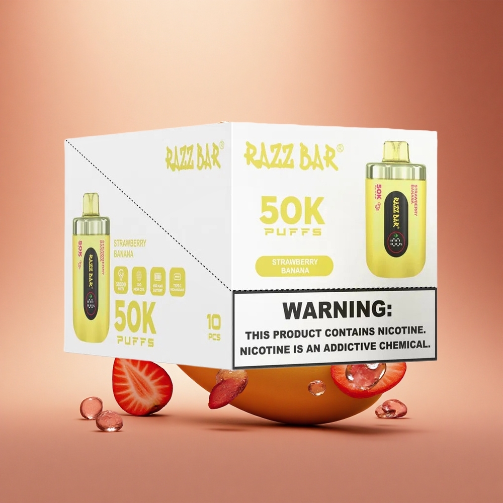 Razz Bar 50K Puffs Braškinis Bananas su 1.0 Ohm Tinklelio Apvija ir 650 mAh Baterija