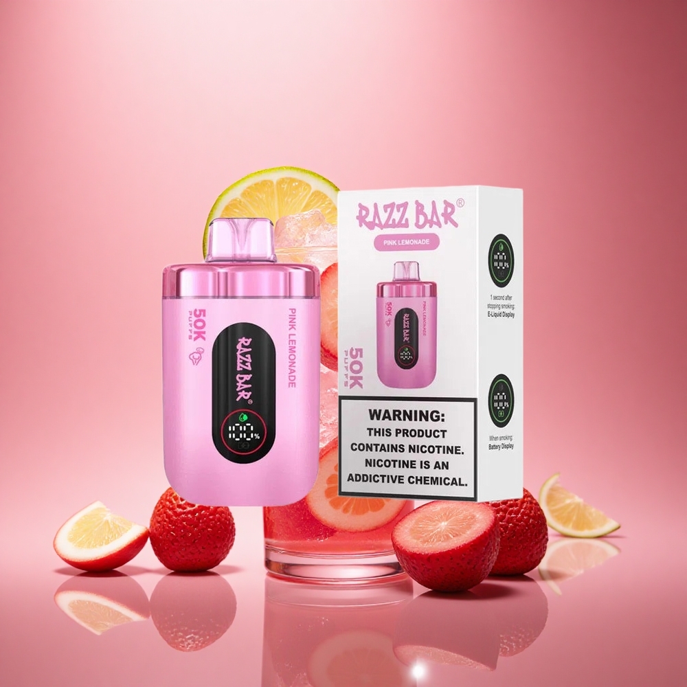 Razz Bar 50K Puffs Rožinis Citrinų Gėrimas su Tinklelinėmis Apvijomis ir Tipu-C