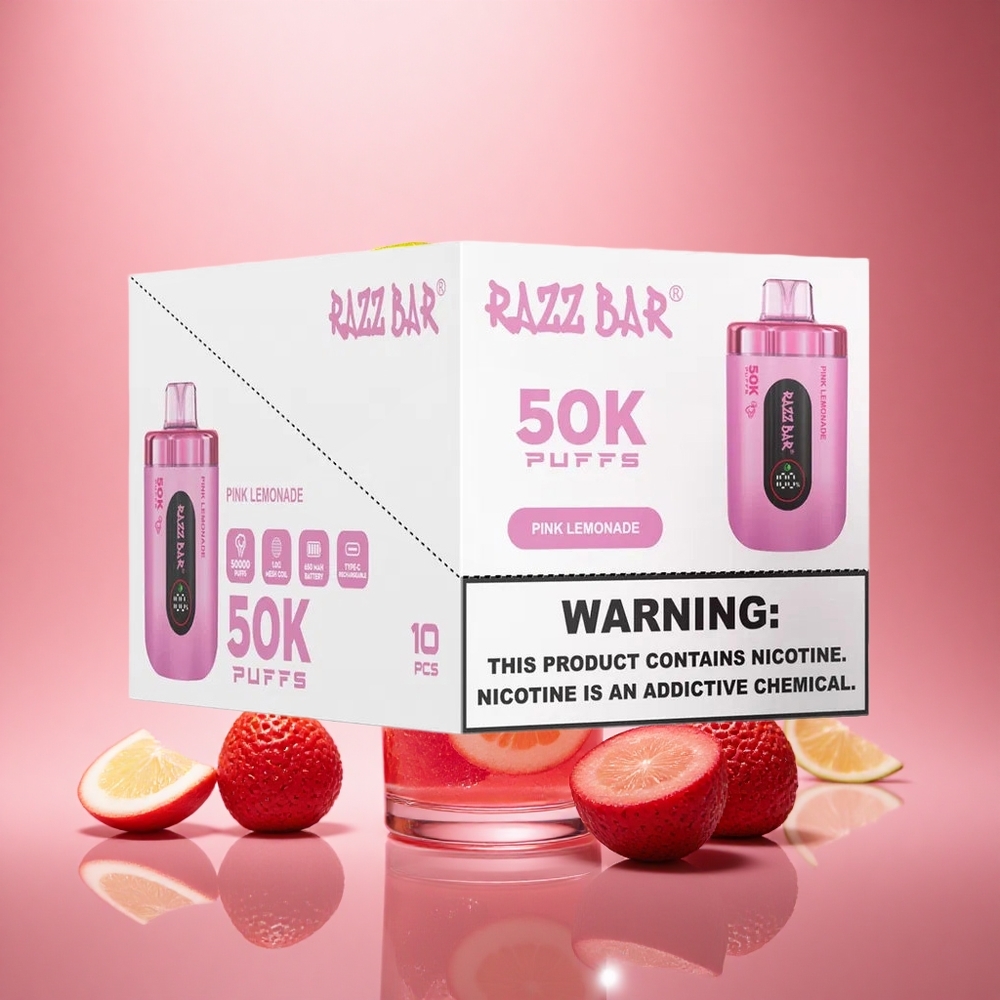 Razz Bar 50K Puffs Rožinis Citrinų Gėrimas su Tinklelinėmis Apvijomis ir Tipu-C