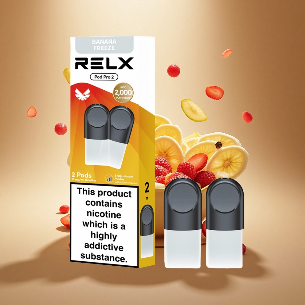 Relx Pod Pro 2 Vape Device Dessertas-Bananų Šaldytas 18mg/ml su 1,9ml talpa ir 3 įtampos režimais