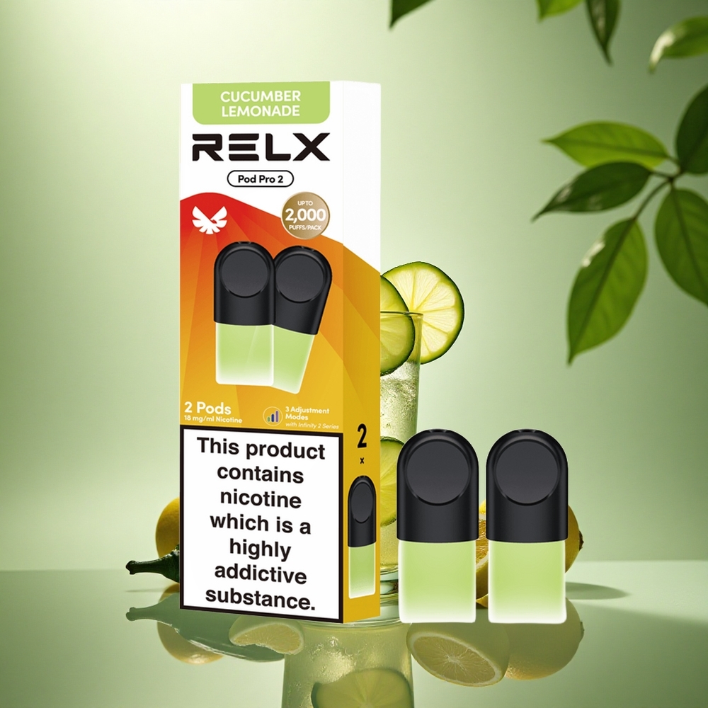 Relx Pod Pro 2 Vape Device Gėrimas-Agurkų Limonadas 18mg/ml, 1,9ml, 2/3 pakuotės, 3 įtampos