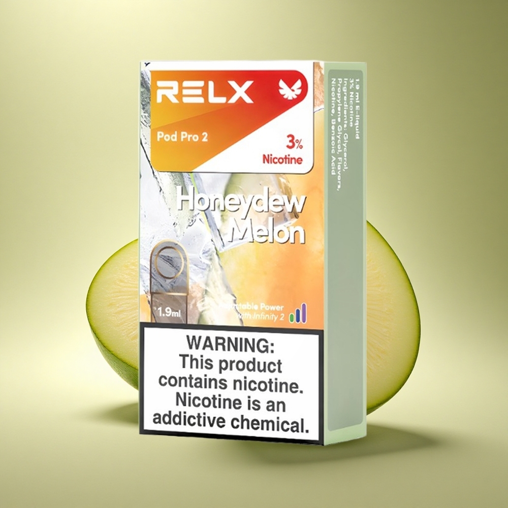 Relx Pod Pro 2 Vape Device Midūs Melionas 30mg/ml 1.9ml Eco Smooth Boost 2/3 pakavimas