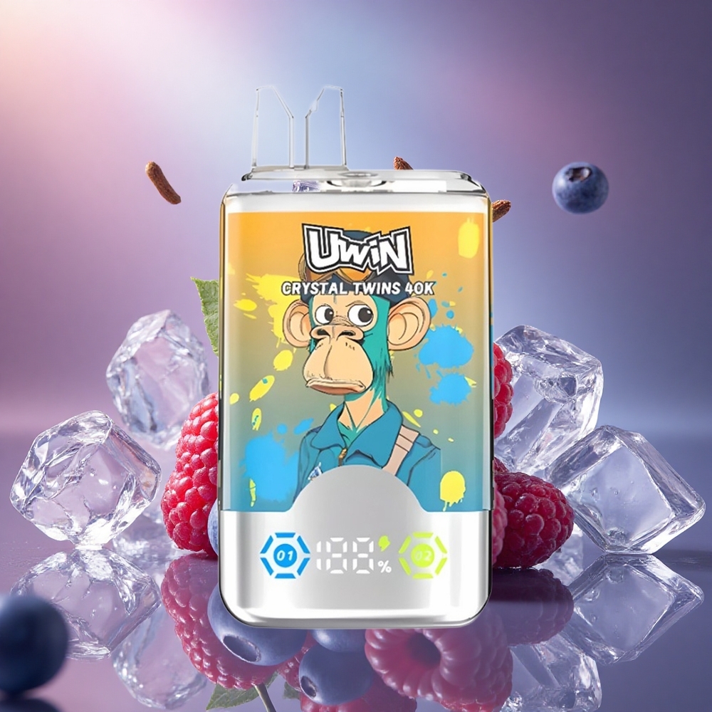 Uwin Crystal Twins 40000 Puffs Mėlynųjų aviečių aviečių vyšnių ledas su dvigubu skoniu ir 32ml talpa
