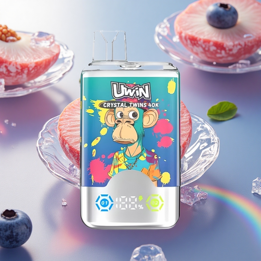 Uwin Crystal Twins 40000 Puffs Mėlynųjų serbentų su ledu ir vasaros persikais dvigubas skonis su 32ml skysčio