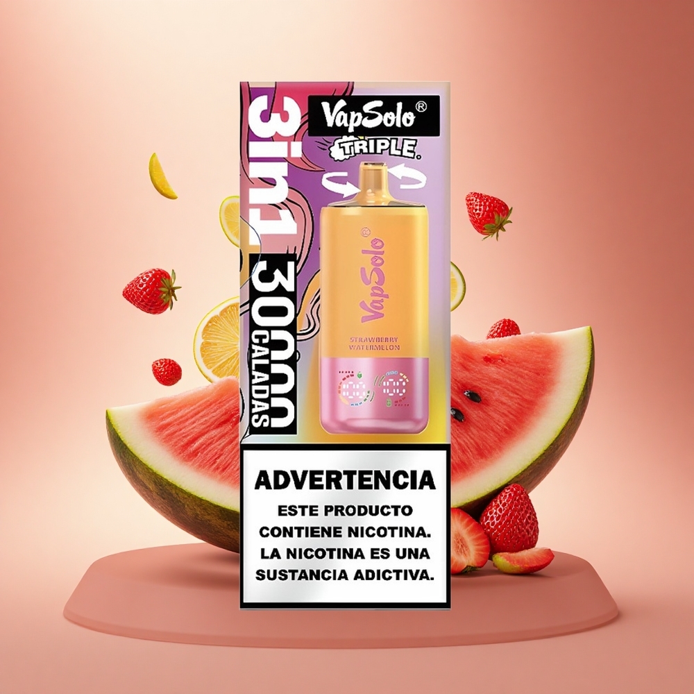 Vapsolo Triple 30000 Puffs Braškinis Arbūzas & Citrininis Persikas su 40ml ir Type-C